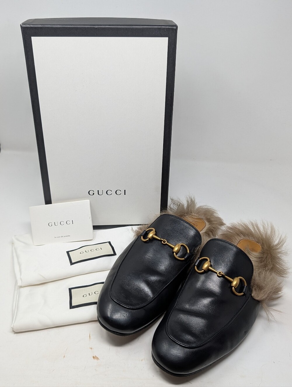 Gucci Men's Black Leather Horsebit Fur Princetown Mule Loafers Size 7 - Picture 13 of 13